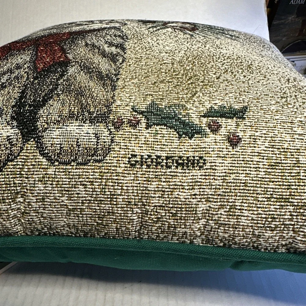Vintage Christmas Kitten Tapestry Throw Pillow Santa Holly Bow Horn Embroidered